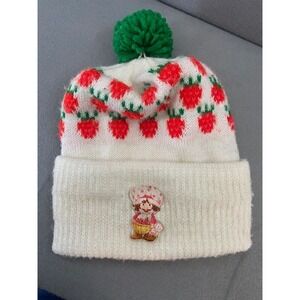 Vintage Strawberry Shortcake Hat Pom Pom Youth White Patch Beanie